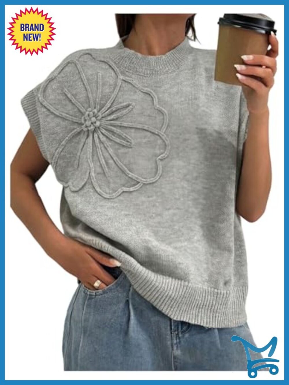 Plus Size Floral Applique Cap Sleeve Knit Sweater Top Pullover